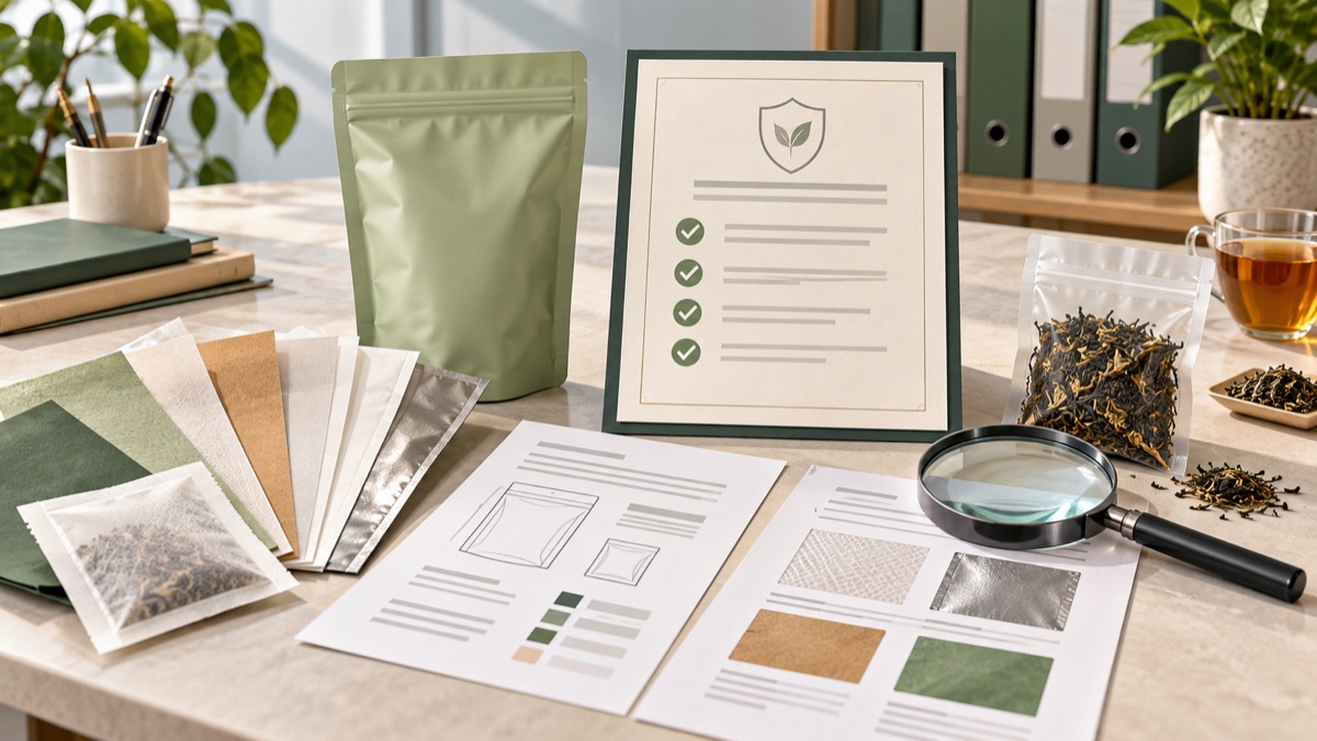 AI-generated editorial illustration: tea packaging documentation review for food-contact materials