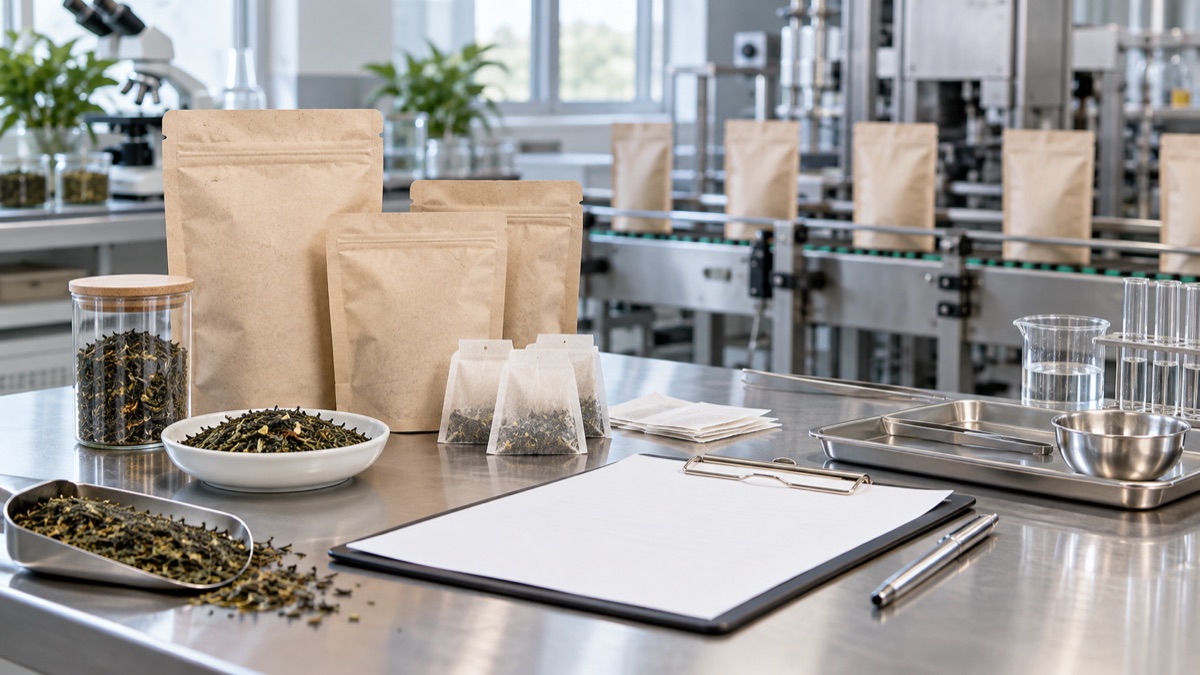 AI-generated editorial illustration: tea packaging food-contact due diligence review
