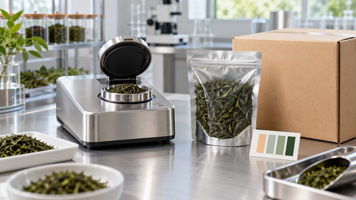 AI-generated editorial illustration of bulk tea water activity quality control with a sealed tea pouch, test instrument, and export carton