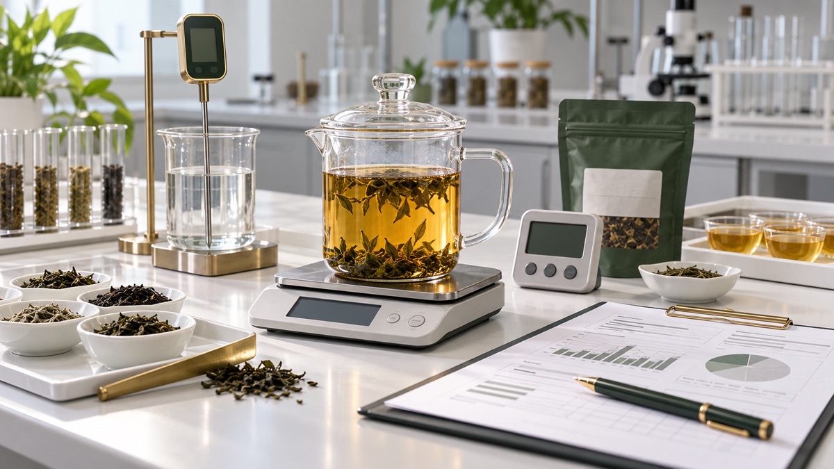 AI-generated editorial illustration of a controlled tea infusion test brief