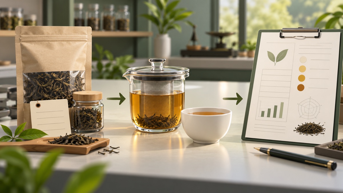 AI-generated editorial illustration of tea lot change control for comparable caffeine specifications
