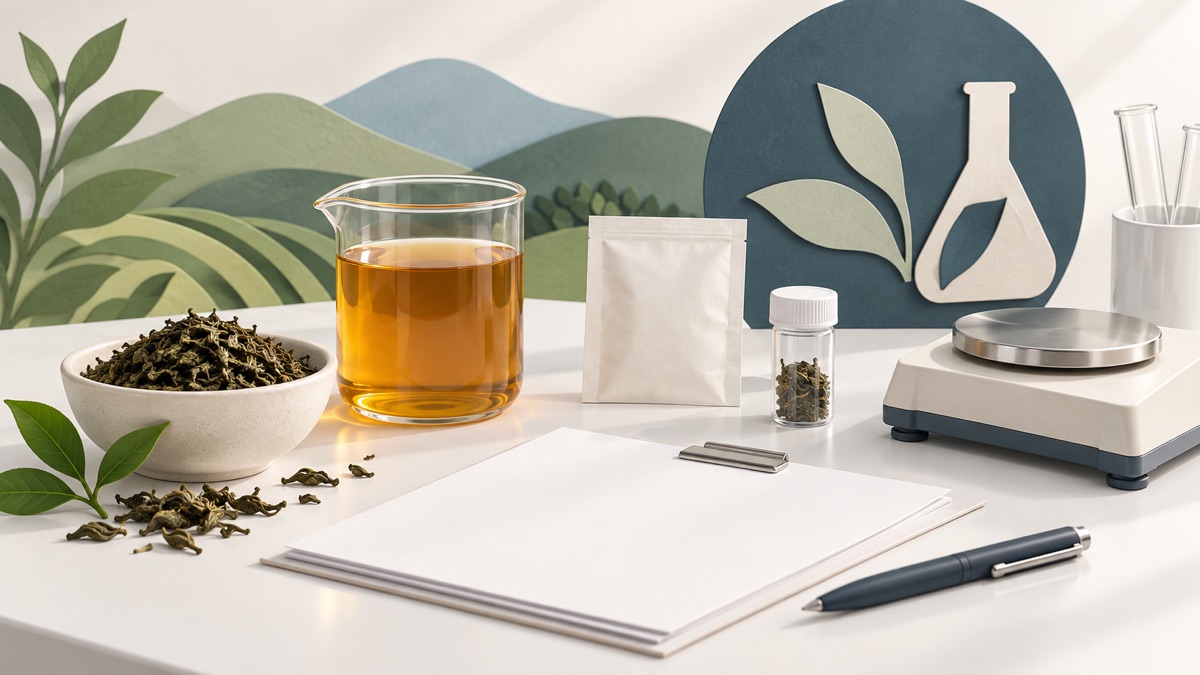 AI-generated editorial illustration of tea sampling and caffeine specification review