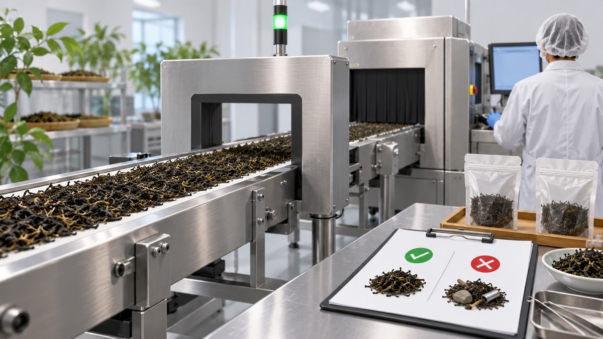 AI-generated editorial illustration of bulk tea passing through foreign-material detection equipment