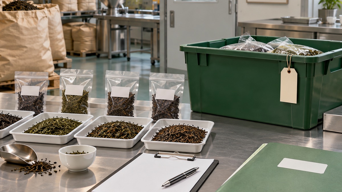 AI-generated editorial illustration: bulk tea quality-control hold and incident response workflow.
